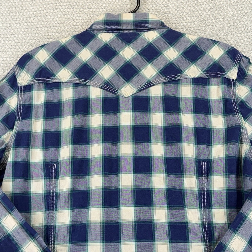 True Religion Western Pearl Snap Shirt Mens Large Blue White Plaid Long Sleeve - Picture 7 of 15